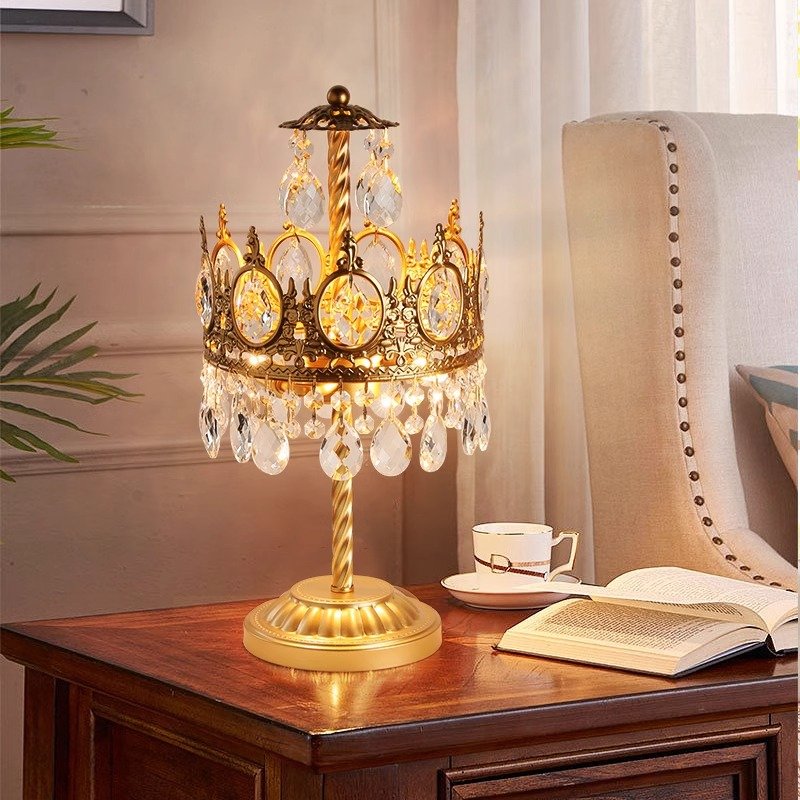 American Retro French Iron Crystal Table Lamp for Bedroom Bedside and Study Living Room