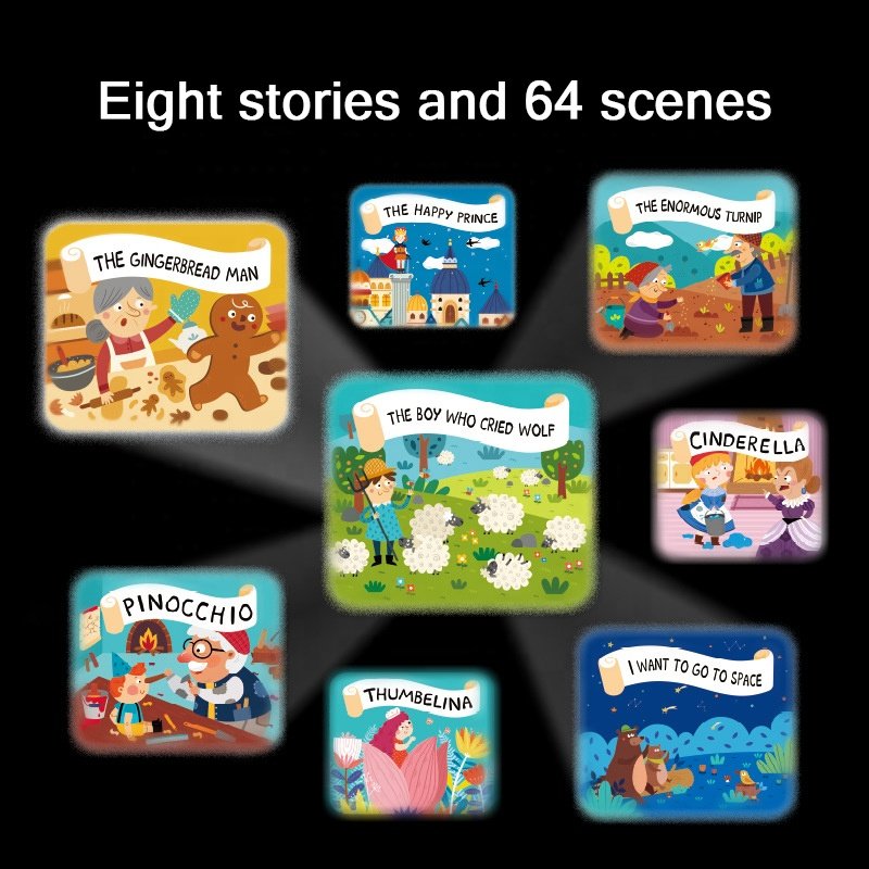 Kids Multifunctional Story Projector, Story Book Torch Projector with 8 Pcs Story Film, Zoom Lens and Night Lights