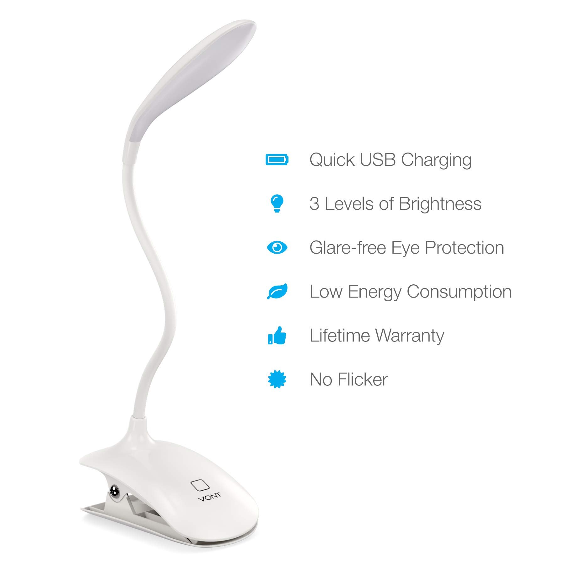 LED Clip On Reading Book Light 16 Eye Protection LEDs, Bed Light Clip on Light with 3 Brightness Level USB Rechargeable