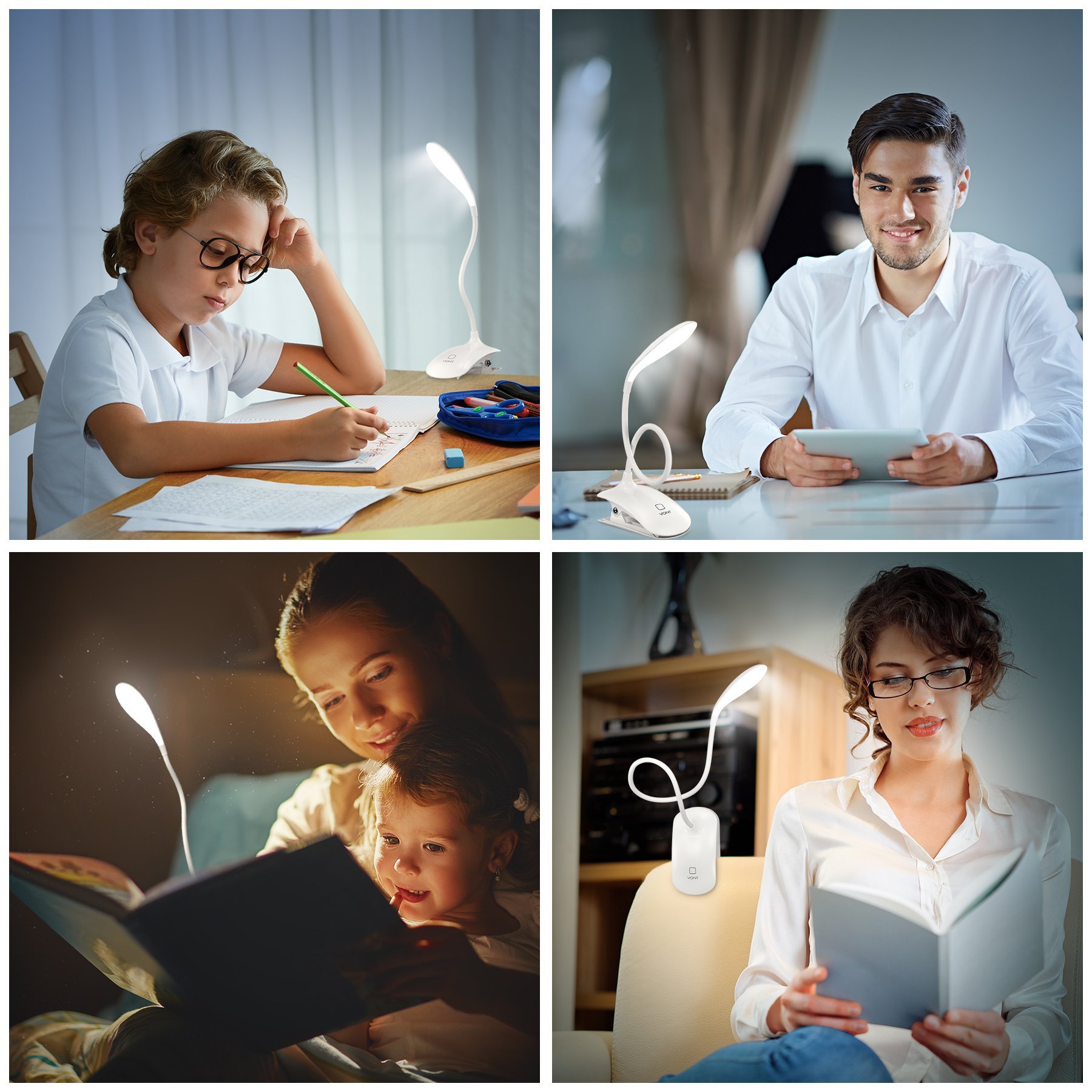 LED Clip On Reading Book Light 16 Eye Protection LEDs, Bed Light Clip on Light with 3 Brightness Level USB Rechargeable
