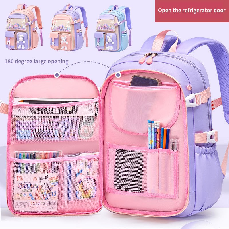Custom Logo Large Capacity Lightweight Waterproof Girls Kids Cute Bunny Pink Purple Students Primary Book Bag Schoolbag Backpack