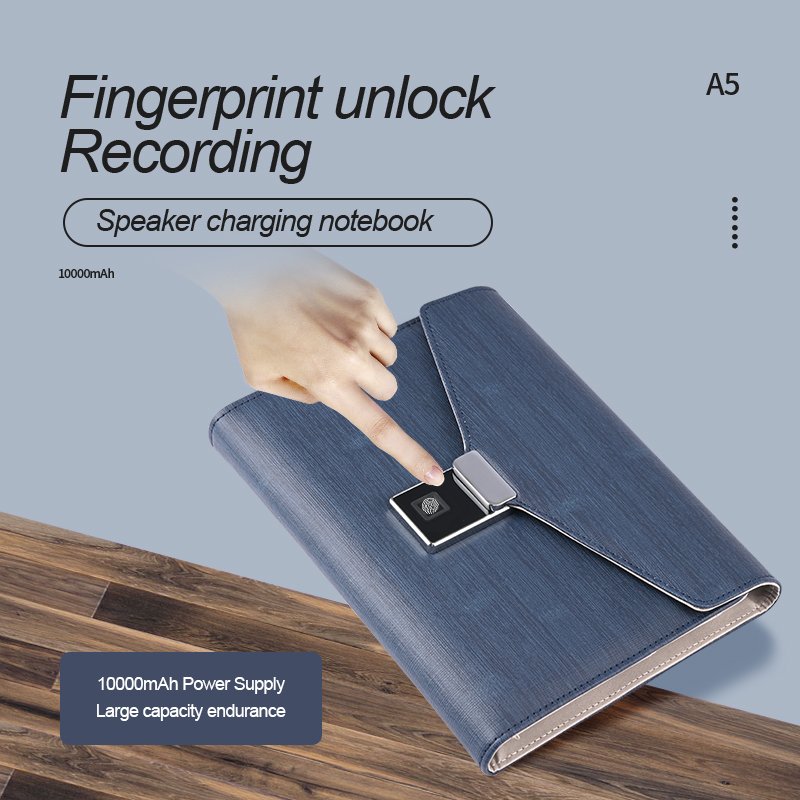 Luxury PU Leather Diary Notebook Powerbank with Fingerprint Lock USB Flash and Recording Speaker