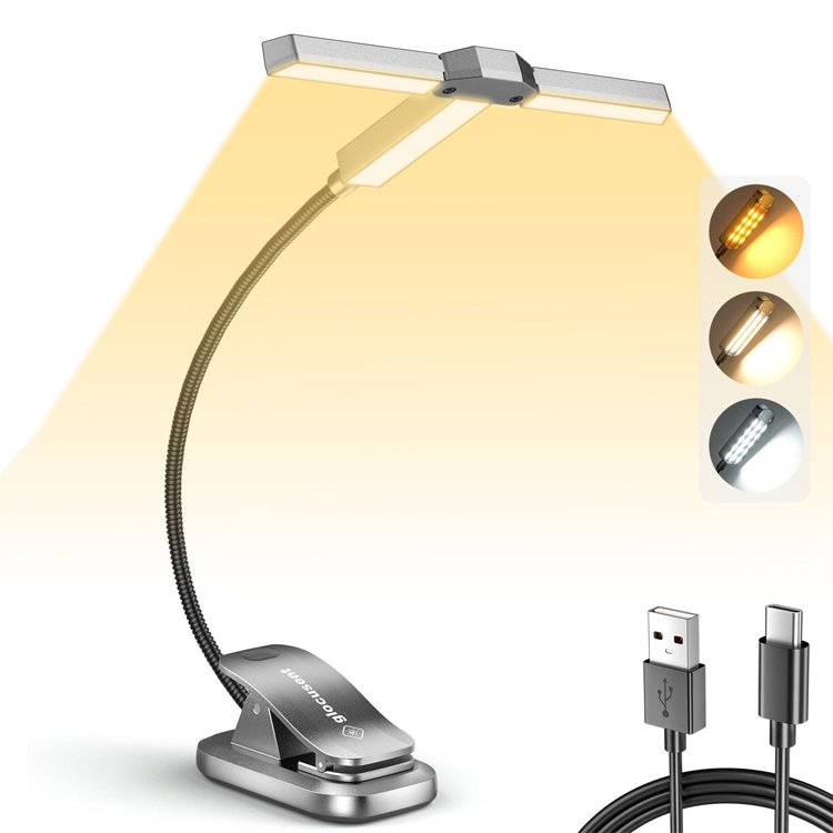 Glocusent Innovative 3 Color Dimmable Tri-Head Flexible Book Lighting Lamp Usb Rechargeable Led Night Reading Light For Book