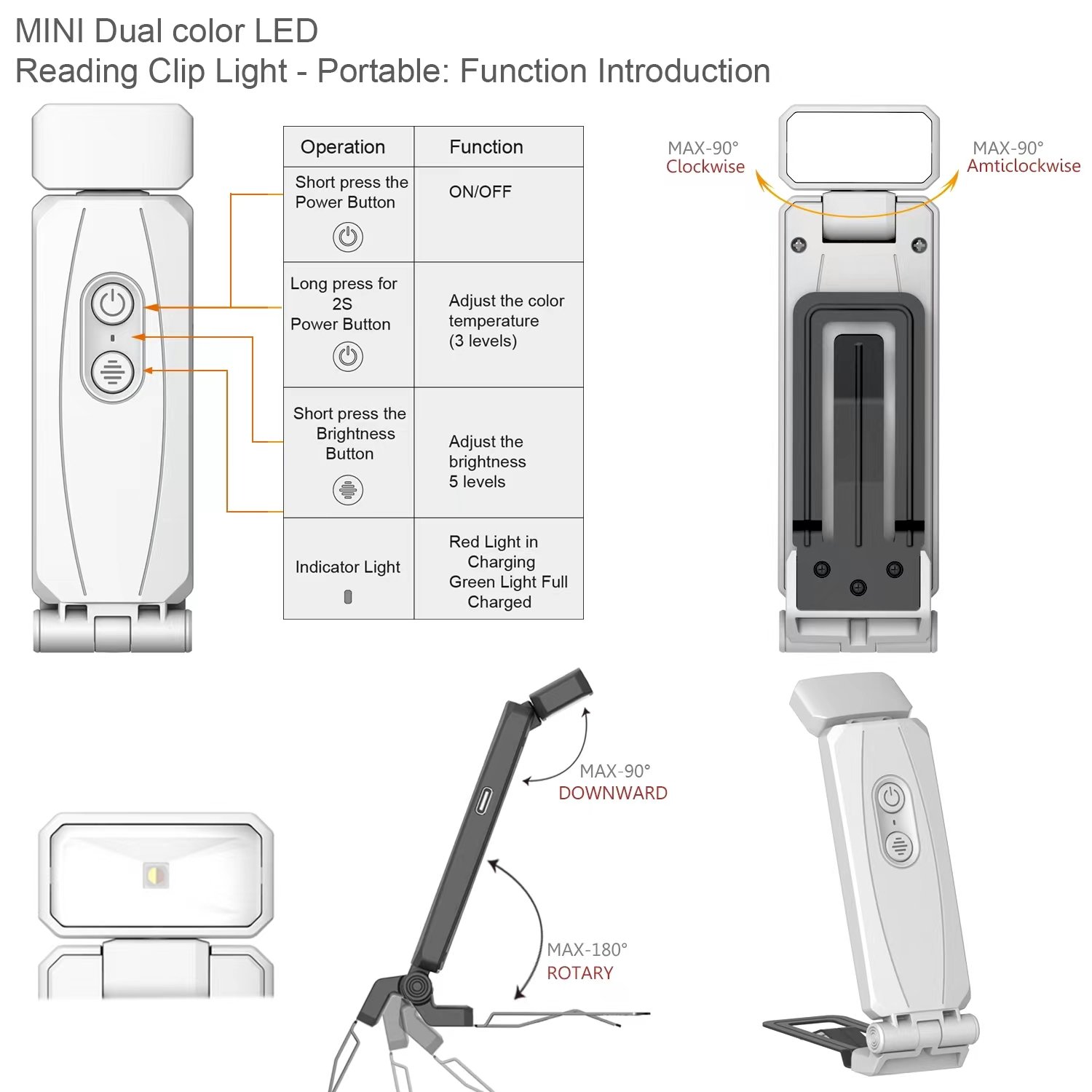 Eye-caring USB Rechargeable 5 Brightness Levels Mini Clip on Flexible LED Night Reading Book Light for Kids Bookmark lamp