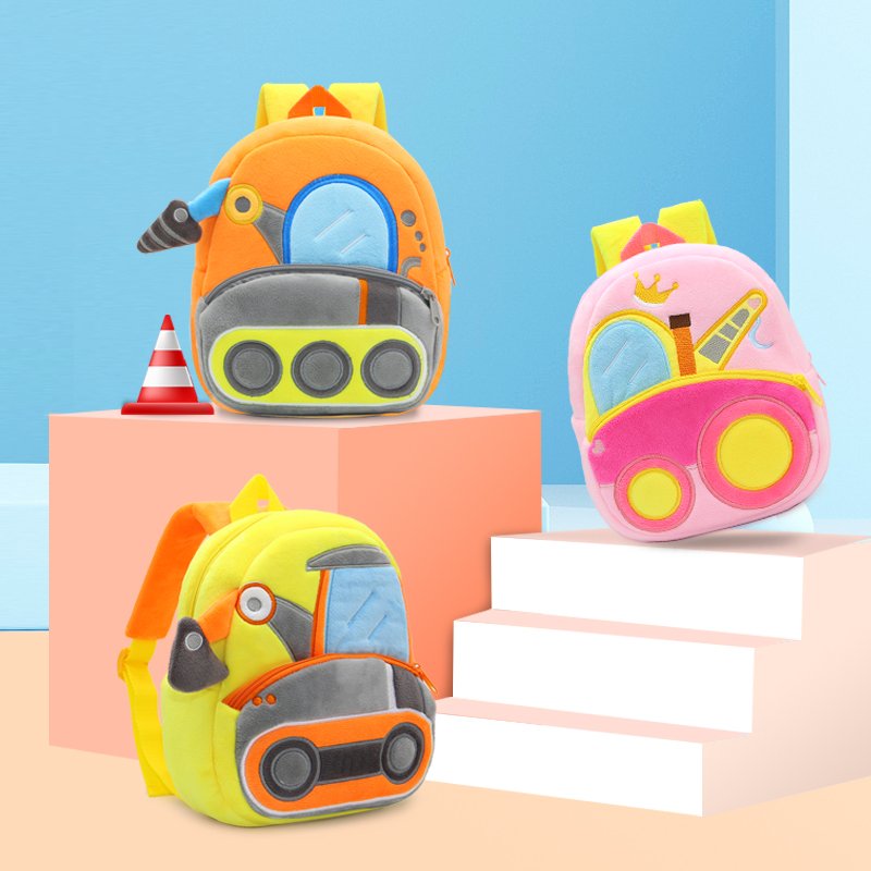 Wholesale Custom Fashion Children 3D Cartoon Cars Engineering Vehicle Plush Kids Backpack Kindergarten School Bags Mini Book Bag