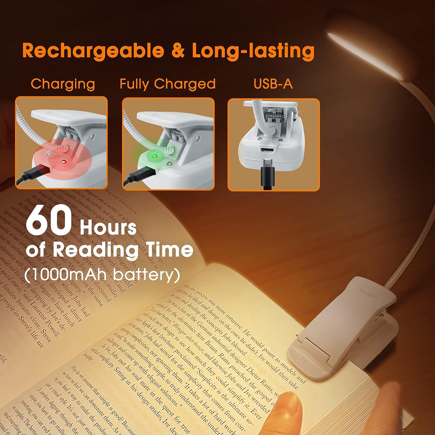 LOHAS LED Clip On Read Light 4 Brightness Dimmable Design White Color Usb Rechargeable Book Reading Light In Bed