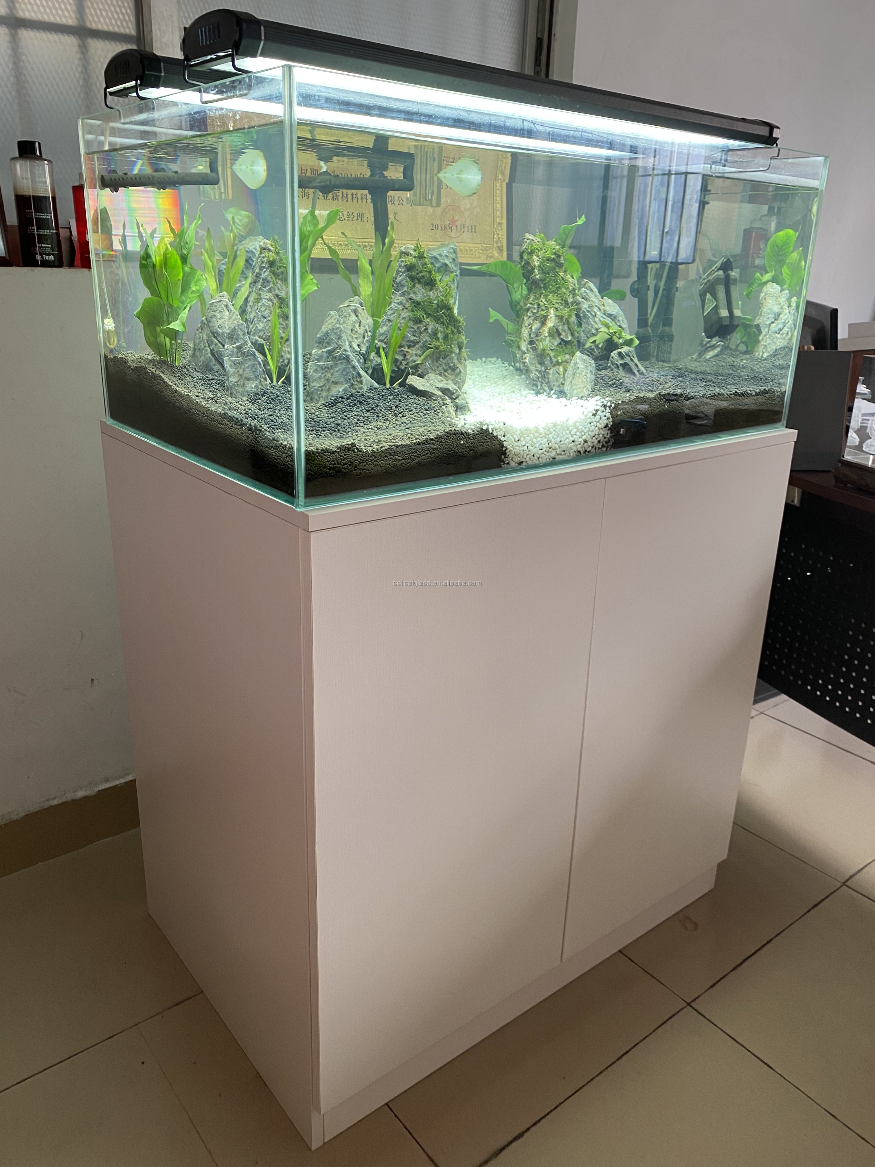 Custom large white wooden cabinet bottom filtration saltwater aquarium with sump tank