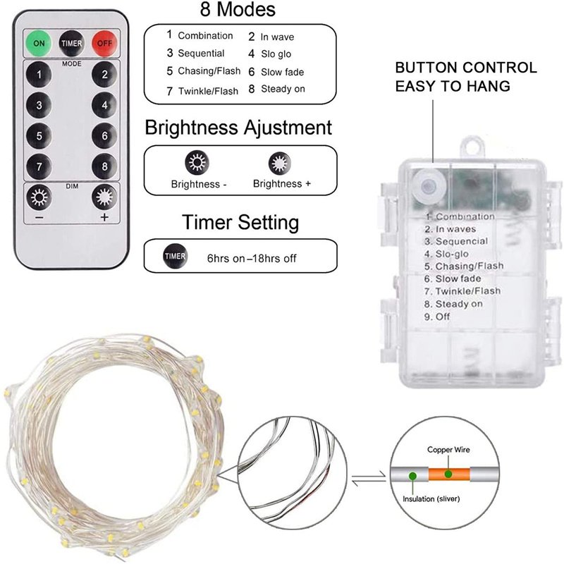 Waterproof with 13 keys Remote Control Fairy Lights Battery Operated 8 Mode Timer String Copper Wire LED string light
