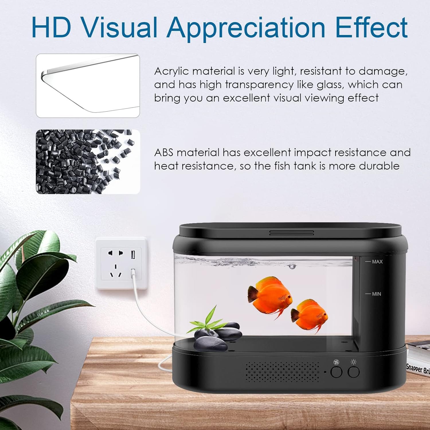 Aquarium Kit 1.8 Gallon Small Betta Fish plastic Tank with Adjustable LED Lighting for Home Office (Black)