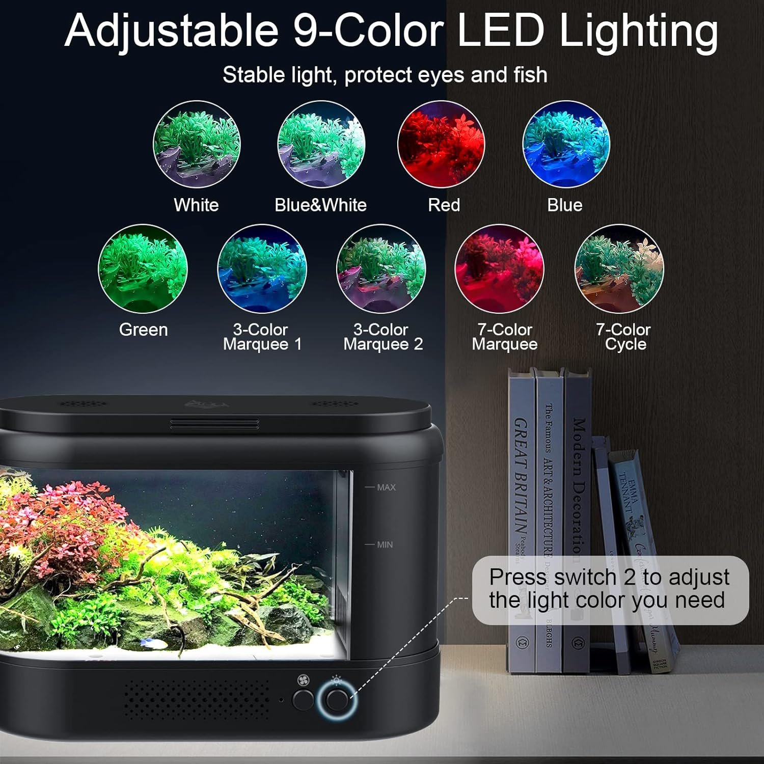 Aquarium Kit 1.8 Gallon Small Betta Fish plastic Tank with Adjustable LED Lighting for Home Office (Black)