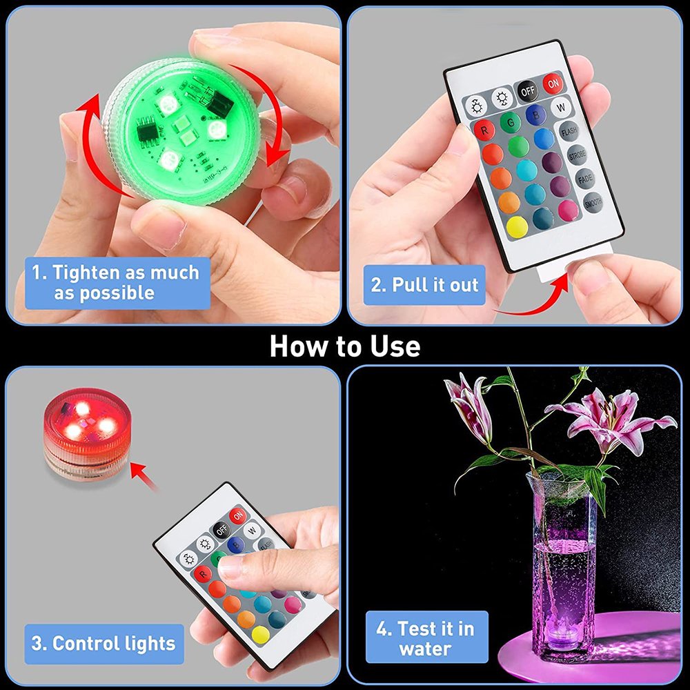 Mini Submersible Tea Lights Waterproof Flameless LED Battery Operated RGB Color Changing Floating Flower Candles Puck Vase Light