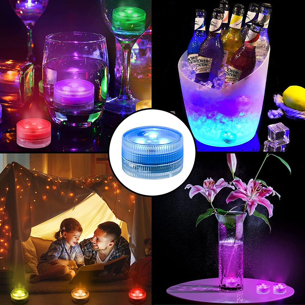 Mini Submersible Tea Lights Waterproof Flameless LED Battery Operated RGB Color Changing Floating Flower Candles Puck Vase Light