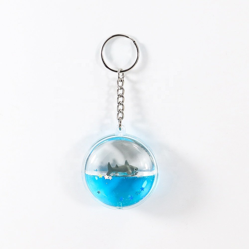 Round Shark Floaty Liquid Quicksand Oil Waterfall Floating Blue Water Glitter Powder Flow Fluid Bubble Key Chain