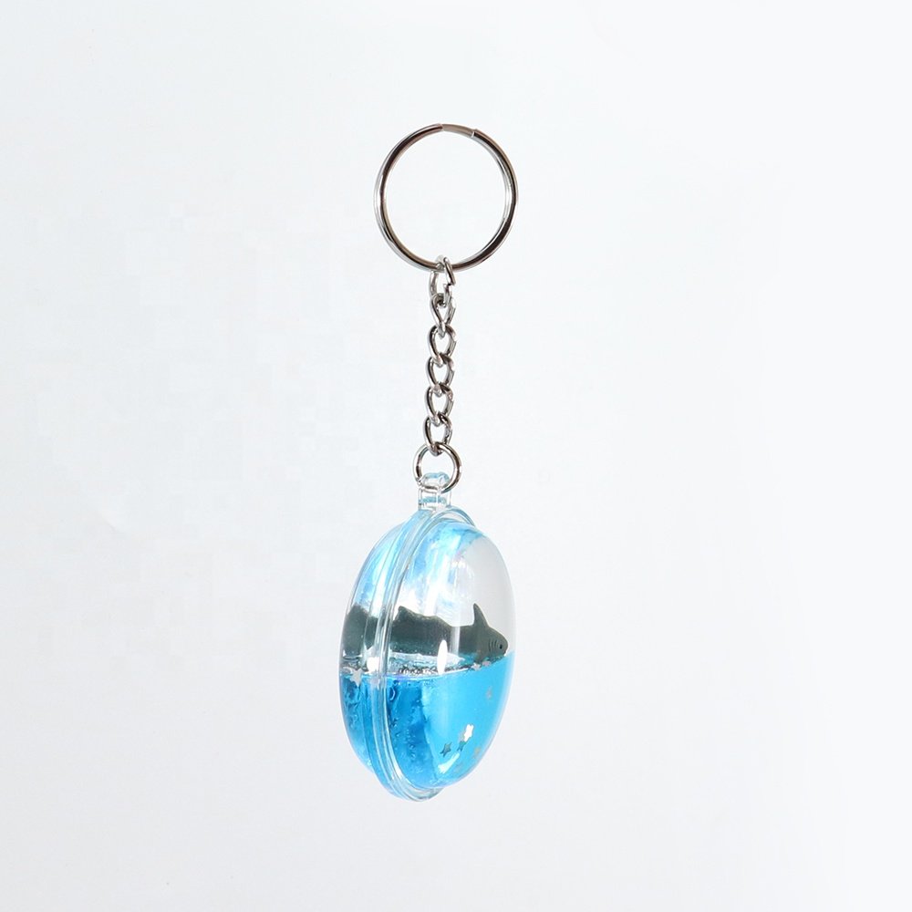 Round Shark Floaty Liquid Quicksand Oil Waterfall Floating Blue Water Glitter Powder Flow Fluid Bubble Key Chain