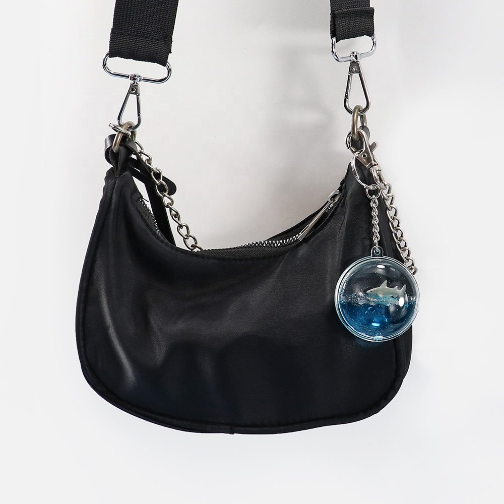 Round Shark Floaty Liquid Quicksand Oil Waterfall Floating Blue Water Glitter Powder Flow Fluid Bubble Key Chain