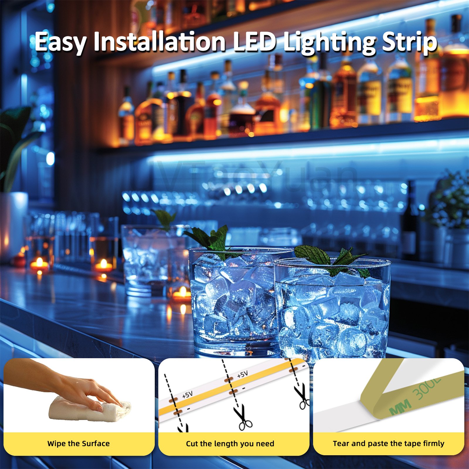 Ice Blue LED Strip Light 320 LEDs High Brightness Indoor Use Flexible LED Tape Lights for DIY Display Cabinet Backlight