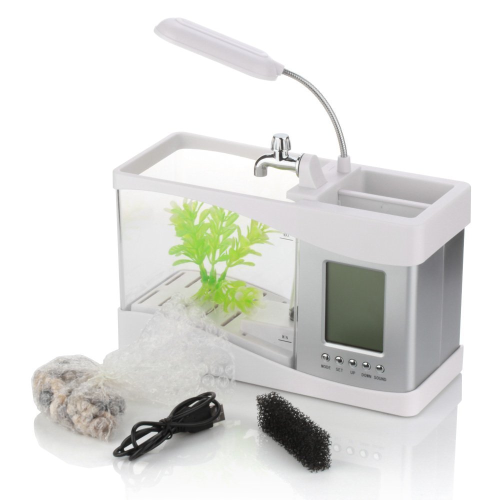 Acrylic Desktop Aquarium Mini Fish Tank With Running Water Lcd Time Clock Alarm Colorful Led Lamp Light Calendar Holds For Home