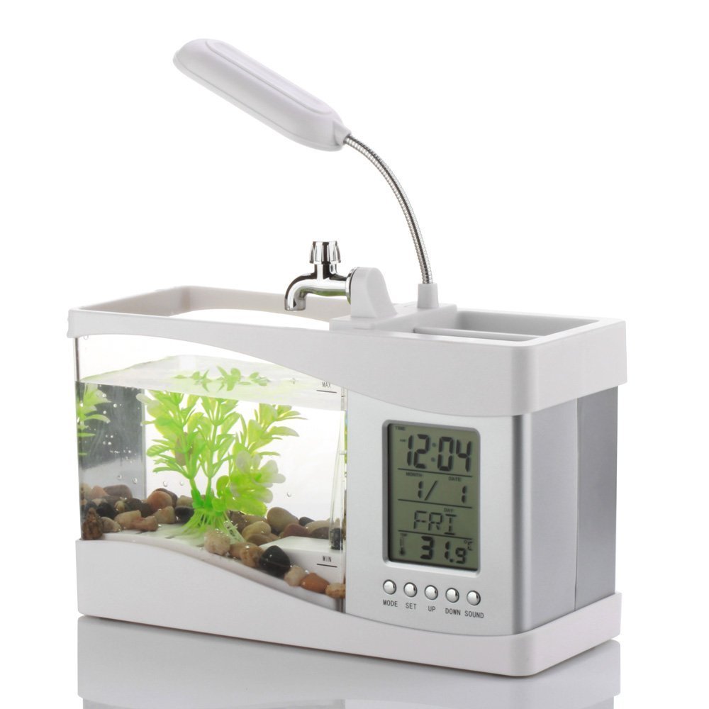 Acrylic Desktop Aquarium Mini Fish Tank With Running Water Lcd Time Clock Alarm Colorful Led Lamp Light Calendar Holds For Home