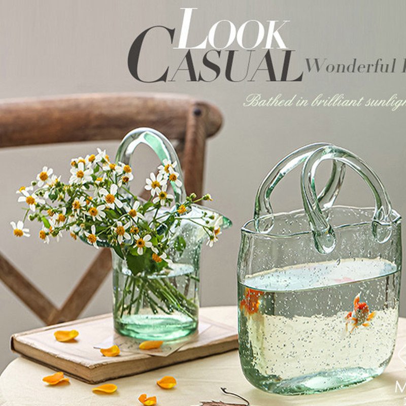 Home Decoration Transparent Hydroponic Flower Arrangement Bag Hand Basket Glass Vase Crystal Creative Vase