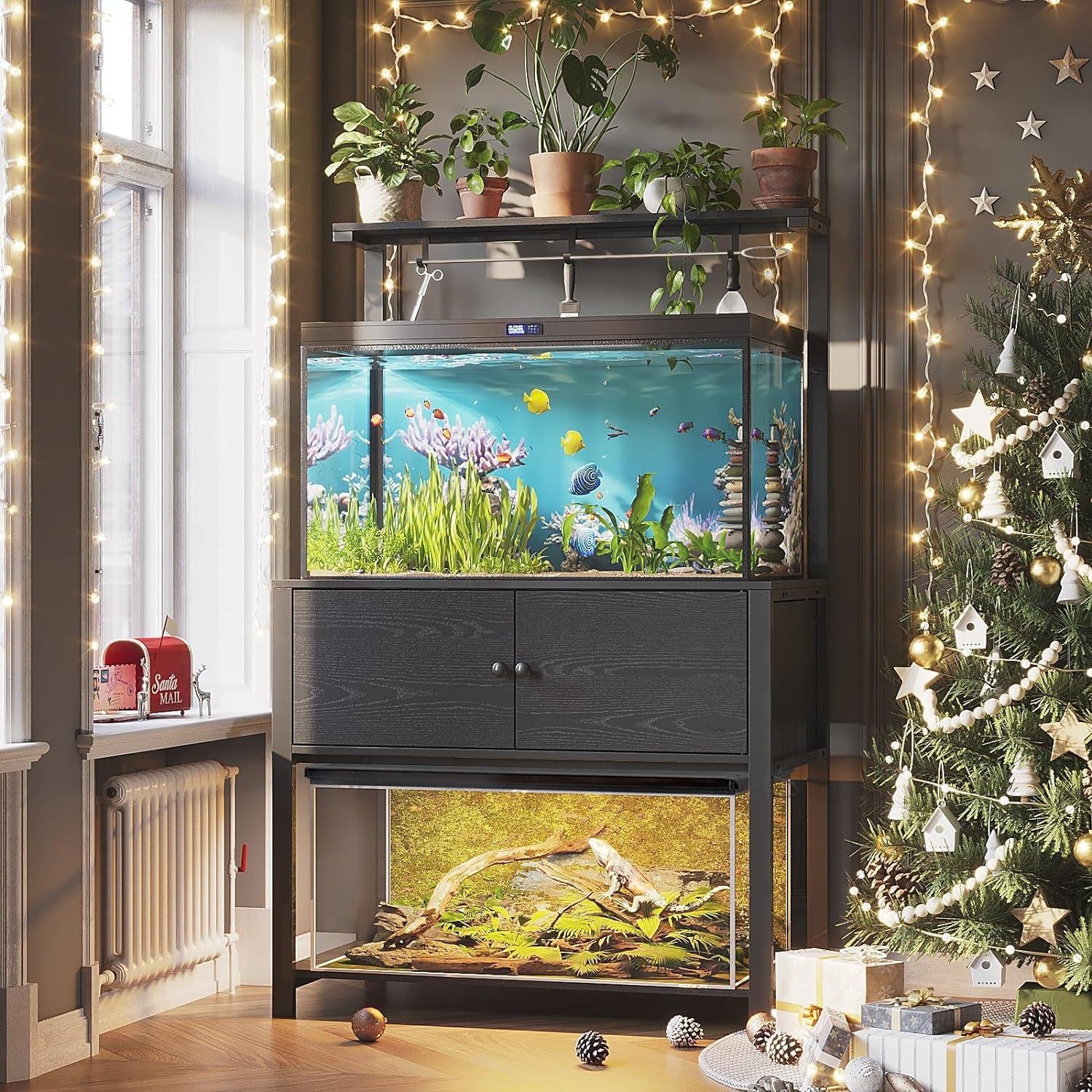 Custom Furniture Fish Tank Stand with LED Light Power Socket, Metal Aquarium Stand with Storage Rack