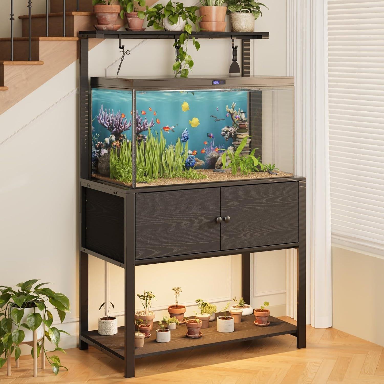 Custom Furniture Fish Tank Stand with LED Light Power Socket, Metal Aquarium Stand with Storage Rack