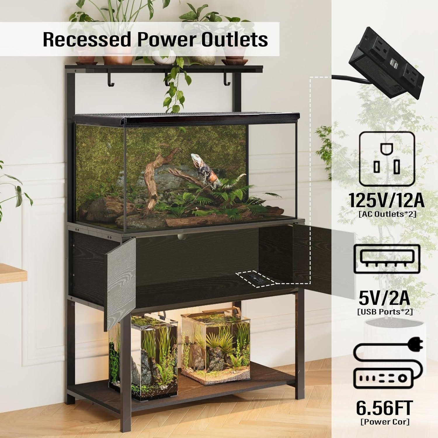 Custom Furniture Fish Tank Stand with LED Light Power Socket, Metal Aquarium Stand with Storage Rack