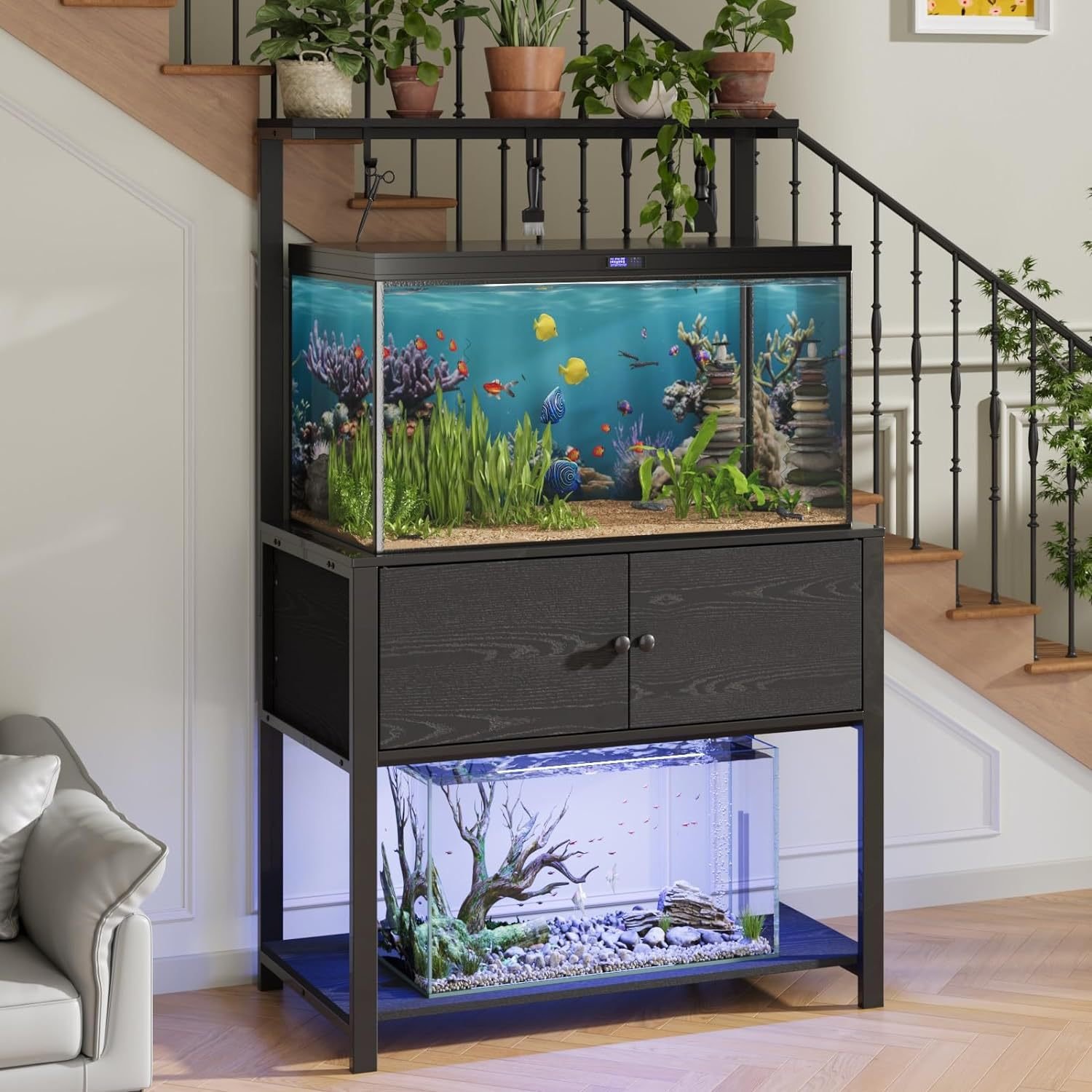 Custom Furniture Fish Tank Stand with LED Light Power Socket, Metal Aquarium Stand with Storage Rack