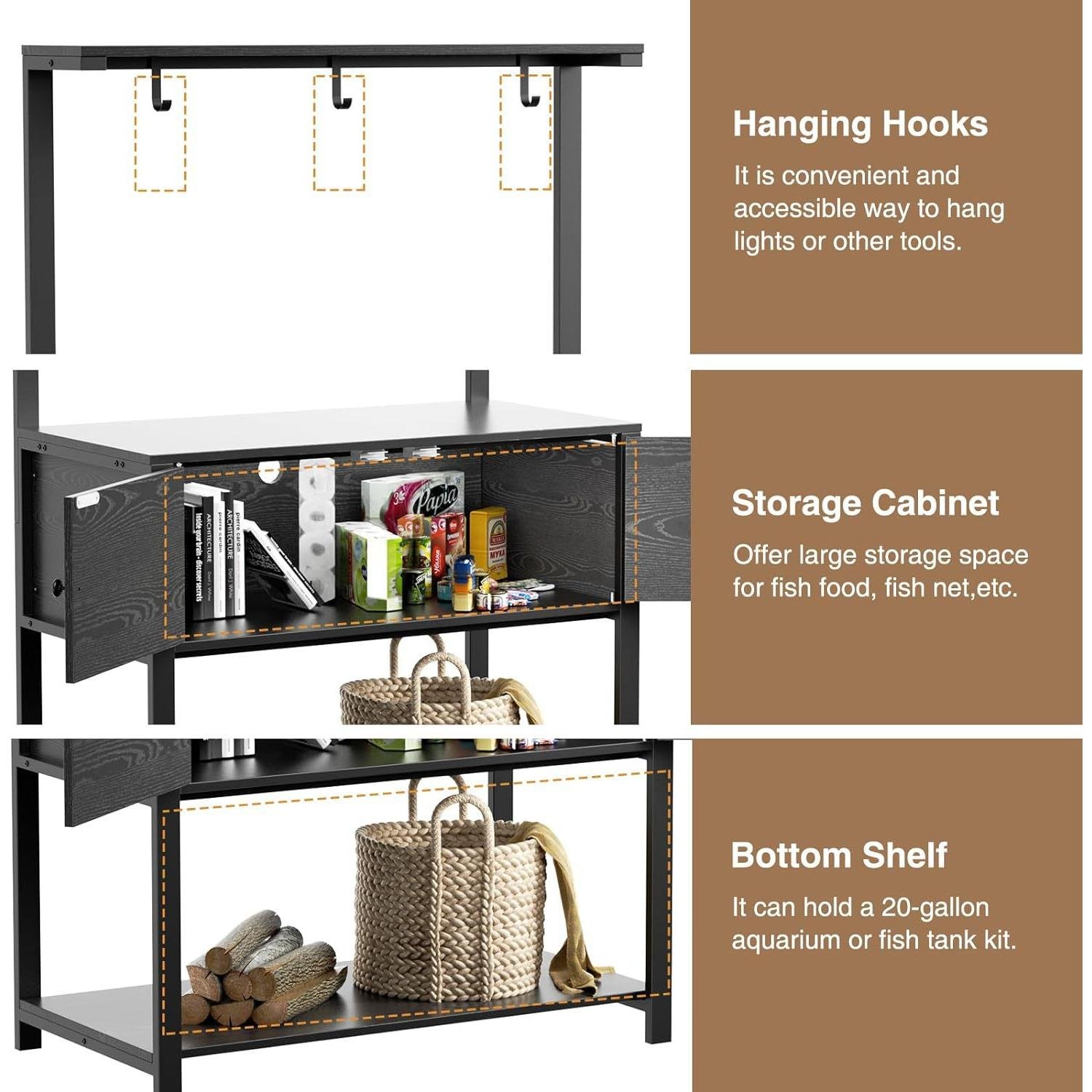 Custom Furniture Fish Tank Stand with LED Light Power Socket, Metal Aquarium Stand with Storage Rack