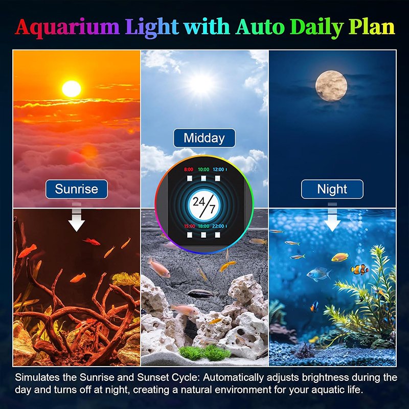 Auto On/Off fish tank light 24/7 Mode Full Spectrum Fish Tank Light with Timer, 8 Color LED full spectrum aquarium light