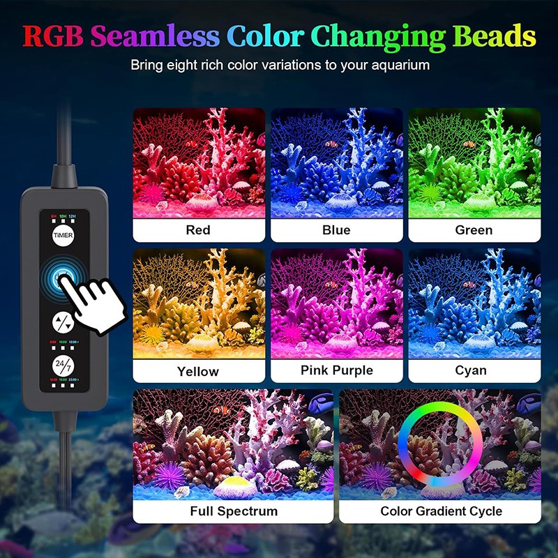 Auto On/Off fish tank light 24/7 Mode Full Spectrum Fish Tank Light with Timer, 8 Color LED full spectrum aquarium light
