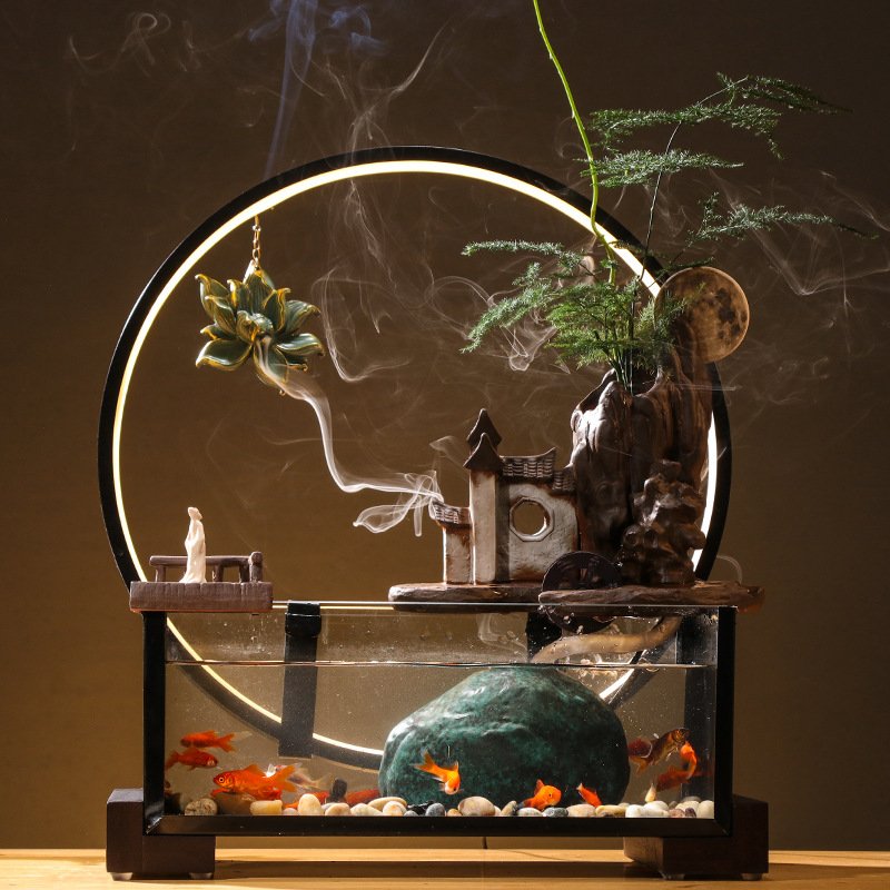 indoor office desktop ornament water fountain with smoke creative home decor waterfall fountain with incense burner and light