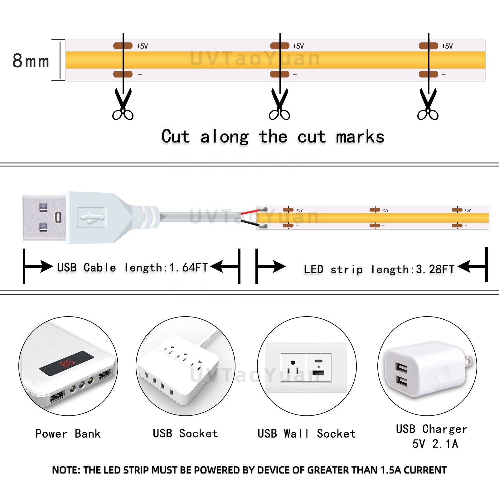 UVTaoYuan 5V COB LED Flexible Strip Light 6000K 6500K 3.28FT White Light for Backlight Home Decor