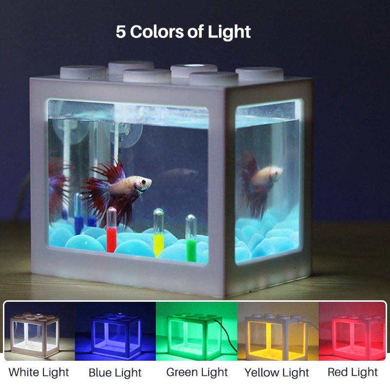 Building Blocks Shape Acrylic Nano Fish Tank with LED Light for Betta Goldfish Stackable DIY Desktop MINI Turtle Tank Aquarium