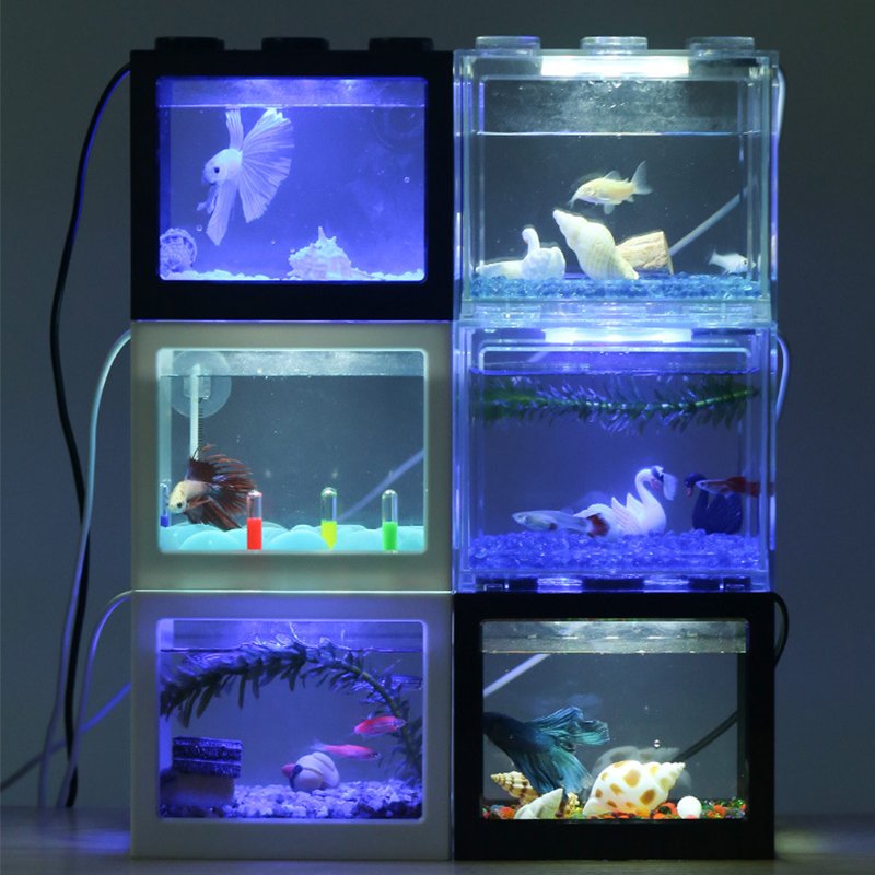 Building Blocks Shape Acrylic Nano Fish Tank with LED Light for Betta Goldfish Stackable DIY Desktop MINI Turtle Tank Aquarium