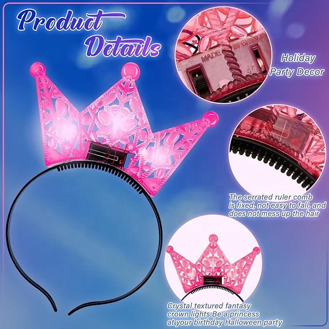 Light up LED Crown Tiara Princess Headbands Battery Operated Flashing Crown Headband Plastic Tiaras Glow Head Band Party Decor