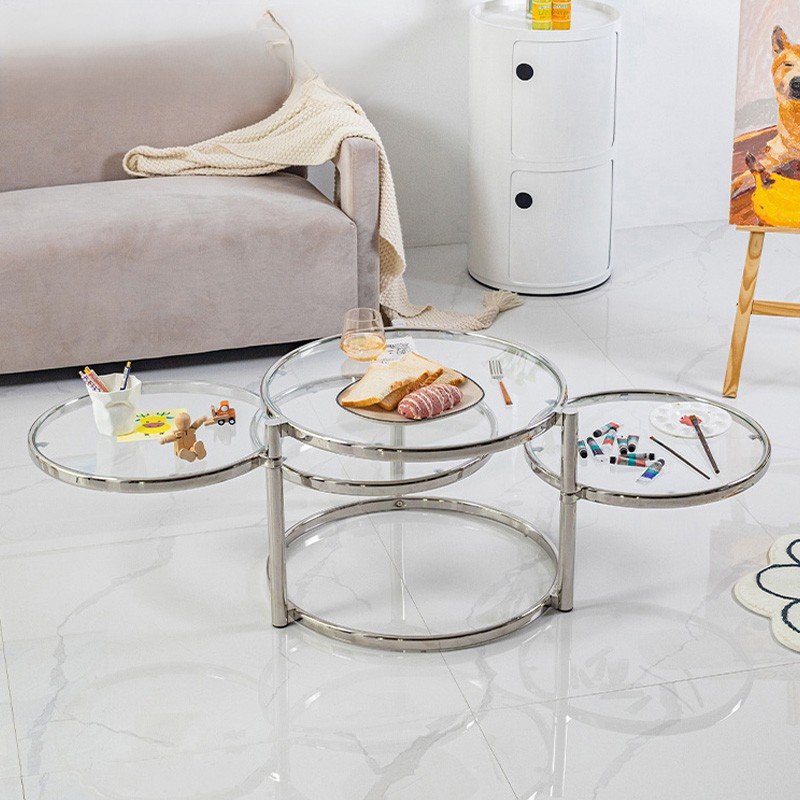 Tempered Glass Coffee Table Household Stainless Steel Tea Table Light Luxury Living Room With Movable Rotating Table