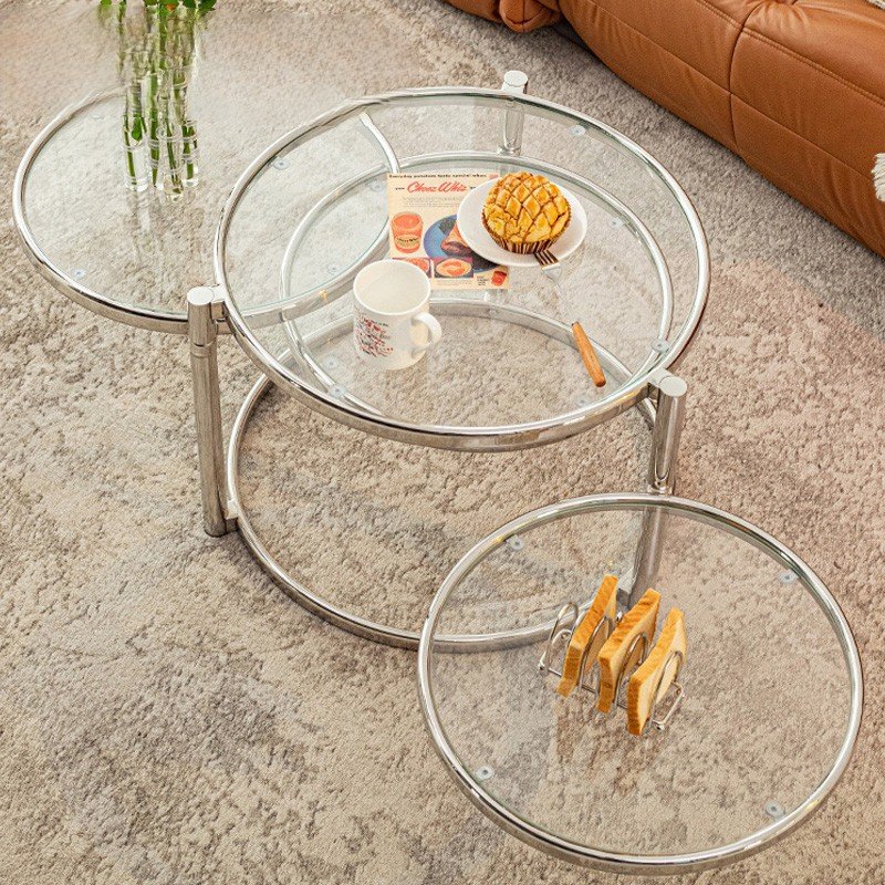 Tempered Glass Coffee Table Household Stainless Steel Tea Table Light Luxury Living Room With Movable Rotating Table