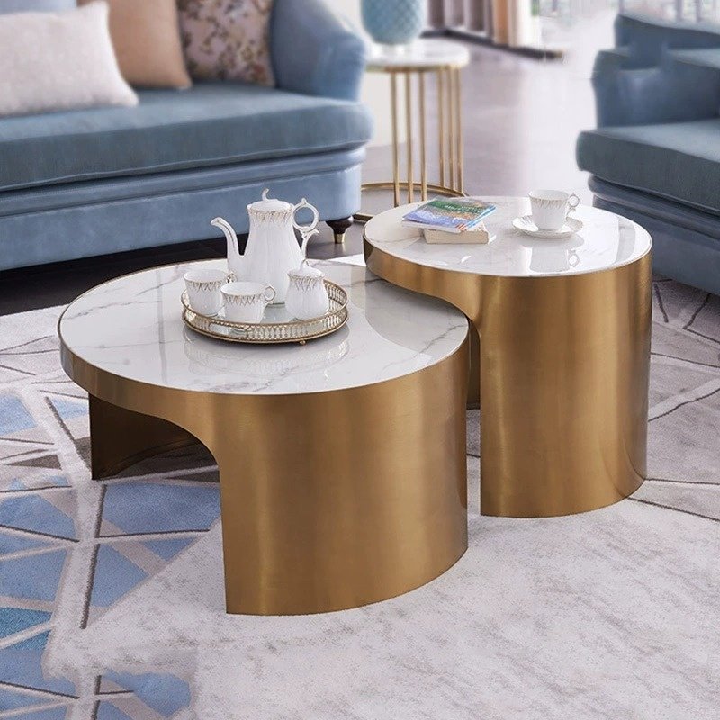 Nordic Light Luxury Sintered stone Top coffee Table set Simple oak Living Room Round Creative Coffee Table Set of 3 2 pieces