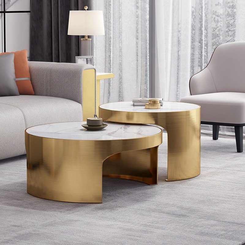 Nordic Light Luxury Sintered stone Top coffee Table set Simple oak Living Room Round Creative Coffee Table Set of 3 2 pieces