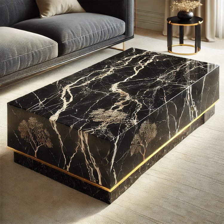 Black Green Marble Coffee Table Light Luxury Low Table Solid Stone Sturdy Floor Desk for Living Room Storage 40 In Center Table