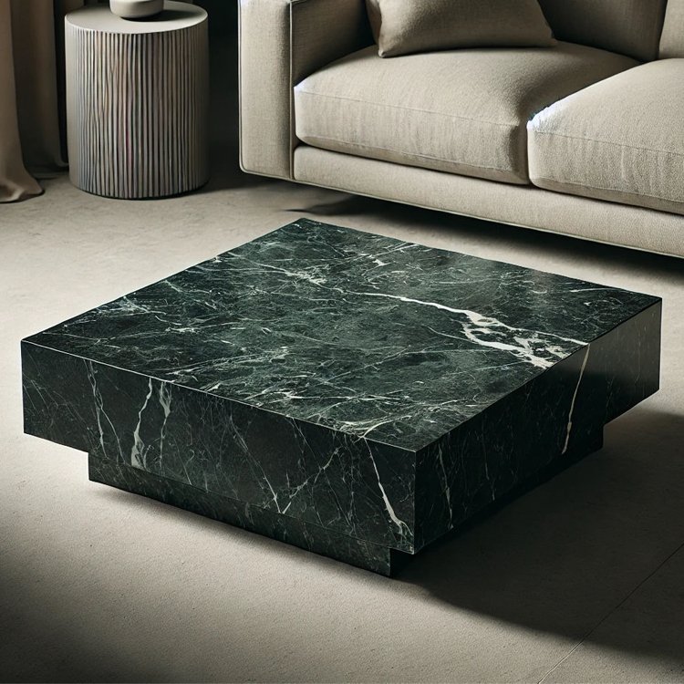 Black Green Marble Coffee Table Light Luxury Low Table Solid Stone Sturdy Floor Desk for Living Room Storage 40 In Center Table