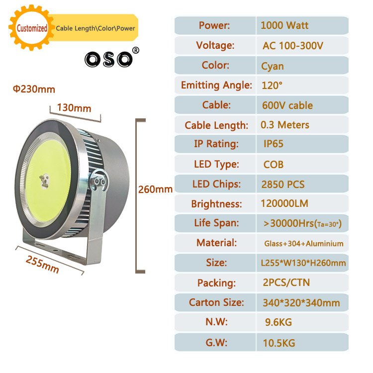 1000W Cyan Overwater fishing lights ocean boat fishing night light Luring Fish Over water IP65 Rated for Water Ship Fishing