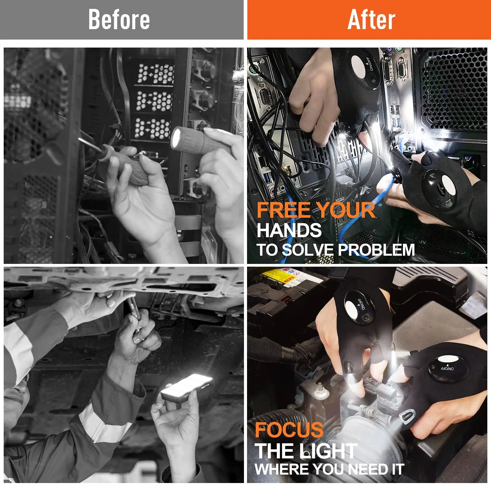 Rechargeable Flashlight Gloves LED Multifunction Portable LED Working Mitten Flashlight Finger With USB Lithium Battery
