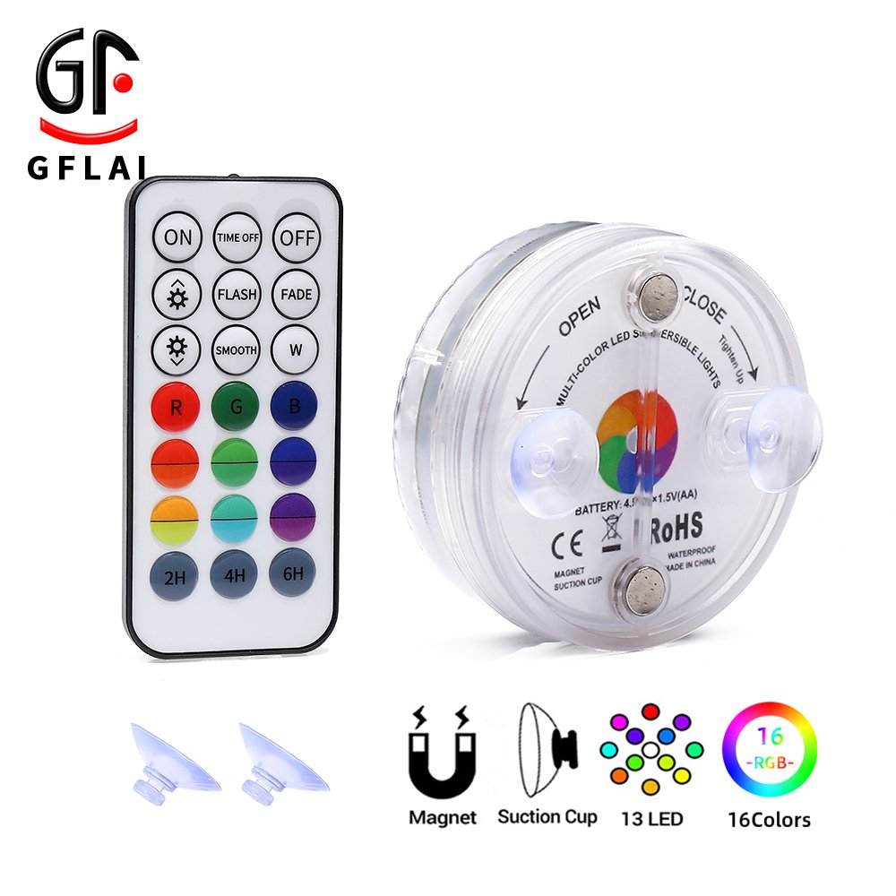 Suction Cup Magnet RF Remote Controlled 13LED 16 Color Changing Submersible Pond Lights for Inground Aquarium Fountain Vase