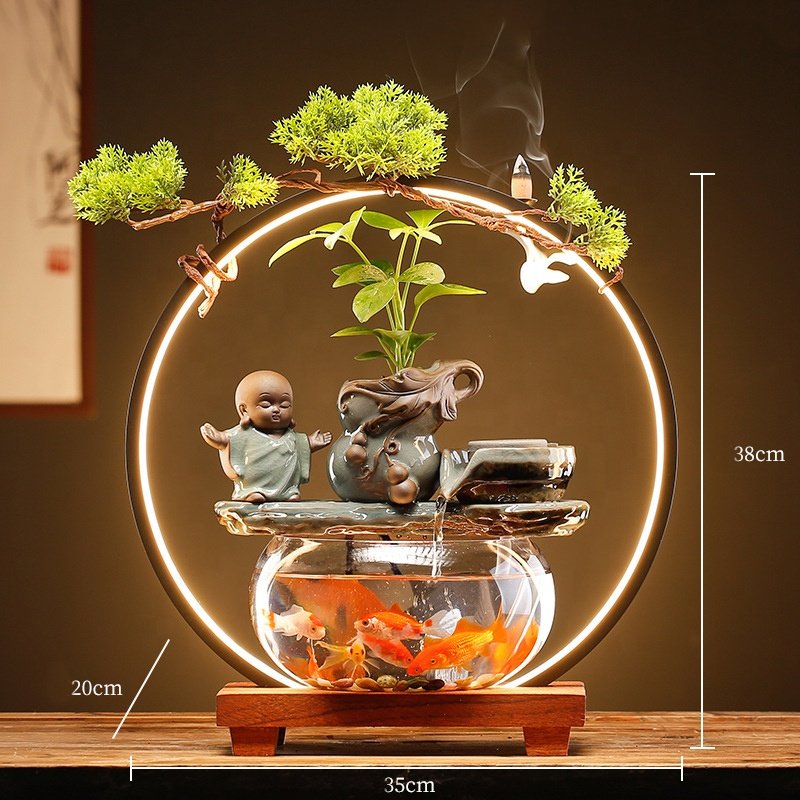Indoor Relaxation Desktop Water Fountain Ceramic Decorative Tabletop Water Fountain With Aquarium Tank for Home Office Bedroom