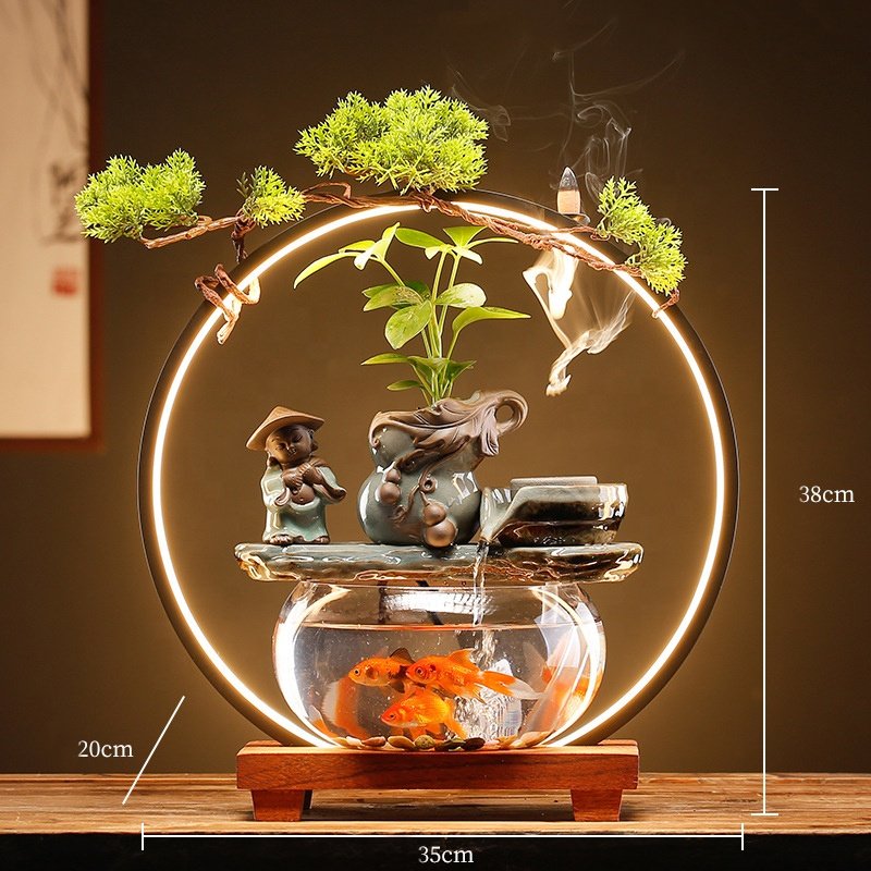 Indoor Relaxation Desktop Water Fountain Ceramic Decorative Tabletop Water Fountain With Aquarium Tank for Home Office Bedroom