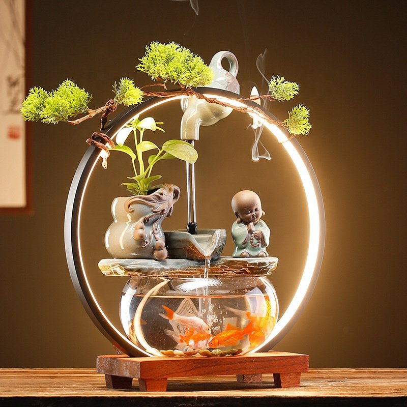 Indoor Relaxation Desktop Water Fountain Ceramic Decorative Tabletop Water Fountain With Aquarium Tank for Home Office Bedroom