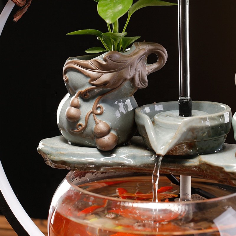 Indoor Relaxation Desktop Water Fountain Ceramic Decorative Tabletop Water Fountain With Aquarium Tank for Home Office Bedroom