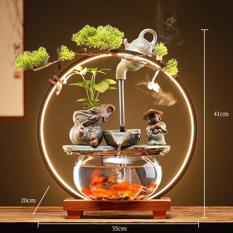 Indoor Relaxation Desktop Water Fountain Ceramic Decorative Tabletop Water Fountain With Aquarium Tank for Home Office Bedroom