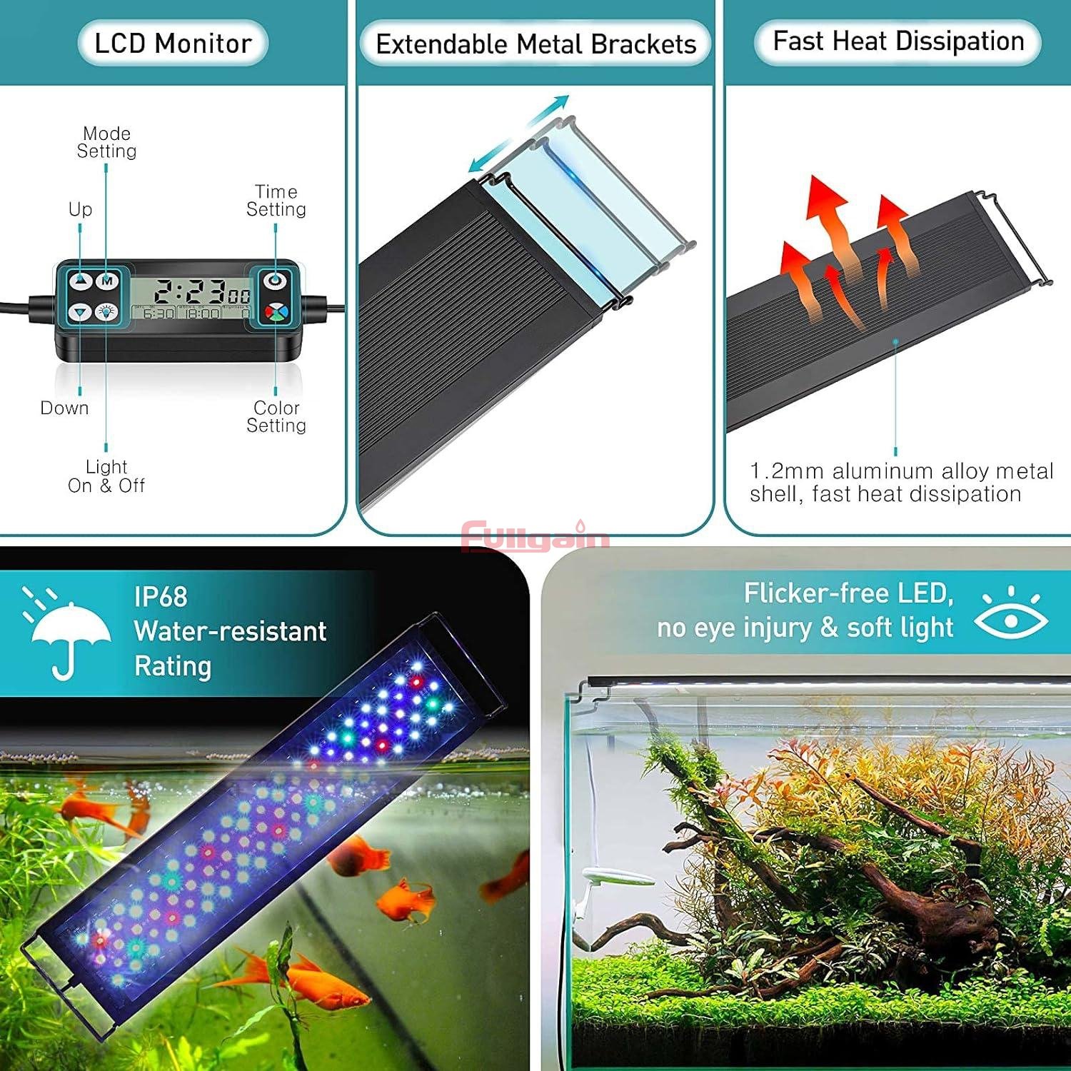 Fullgain FG148 Auto On Off LED Aquarium Light Full Spectrum Fish Tank Light with LCD Monitor 24/7 Lighting Cycle IP68 Waterproof